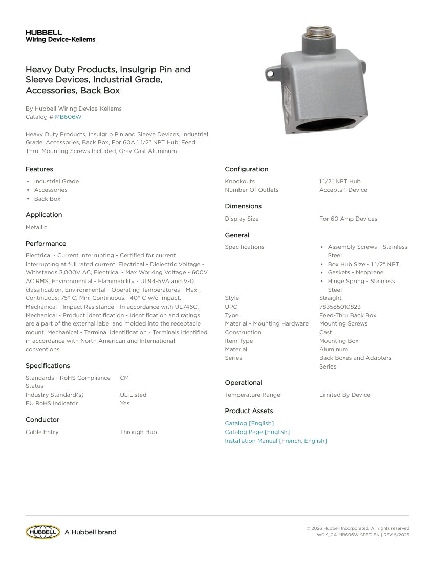 Hubbell Wiring Device-Kellems WDK_CA-MB606W cut sheet — first page