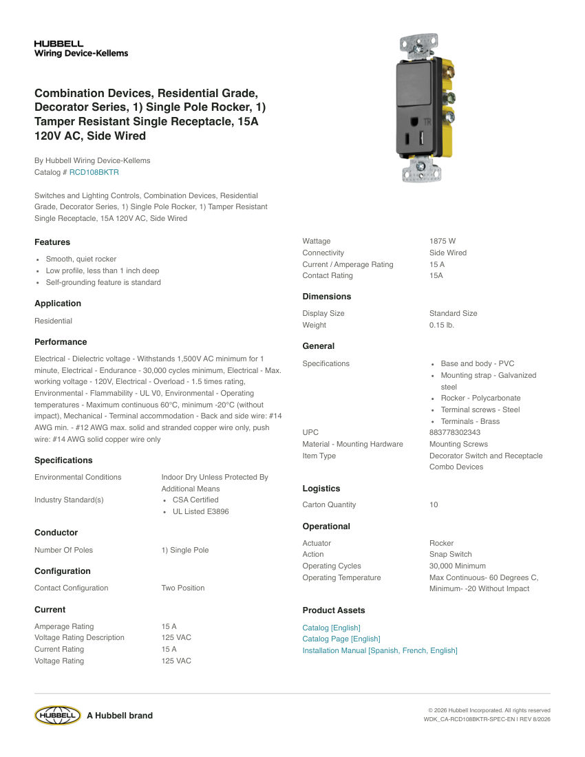 Hubbell Wiring Device-Kellems WDK_CA-RCD108BKTR cut sheet — first page