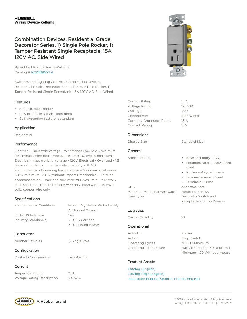 Hubbell Wiring Device-Kellems WDK_CA-RCD108GYTR cut sheet — first page