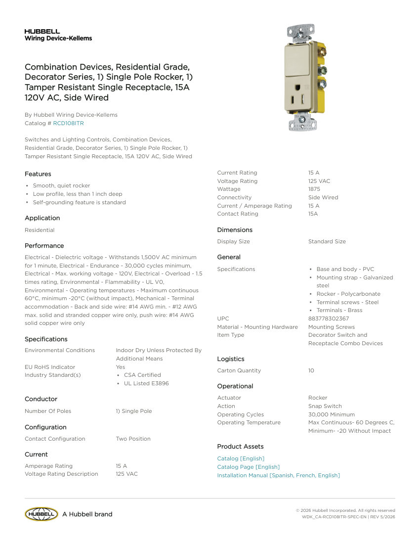 Hubbell Wiring Device-Kellems WDK_CA-RCD108ITR cut sheet — first page