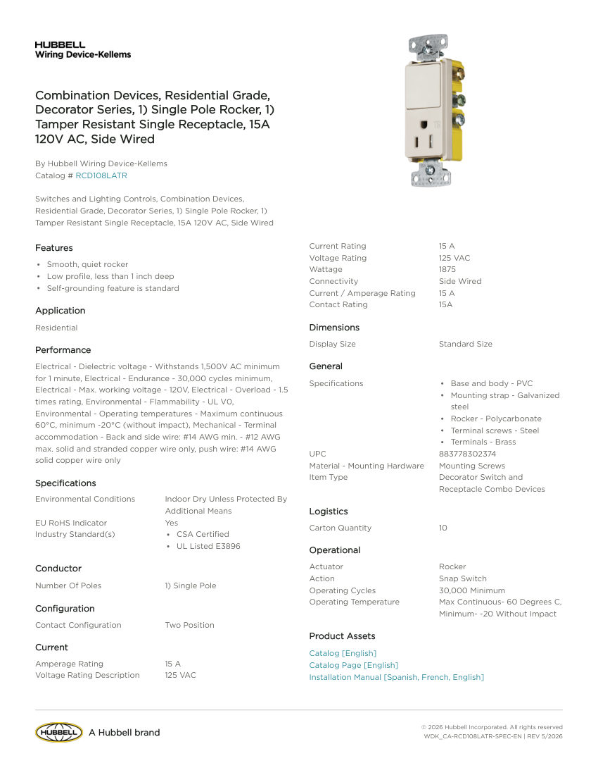 Hubbell Wiring Device-Kellems WDK_CA-RCD108LATR cut sheet — first page