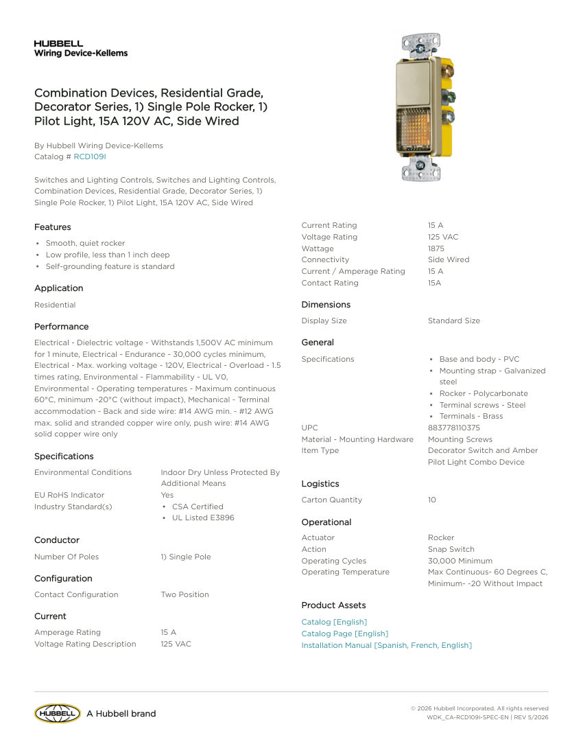 Hubbell Wiring Device-Kellems WDK_CA-RCD109I cut sheet — first page