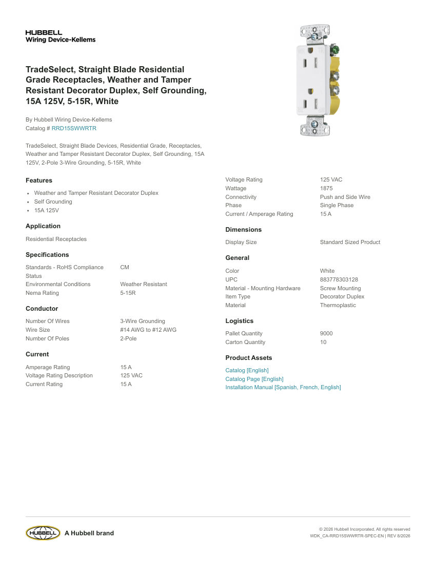 Hubbell Wiring Device-Kellems WDK_CA-RRD15SWWRTR cut sheet — first page