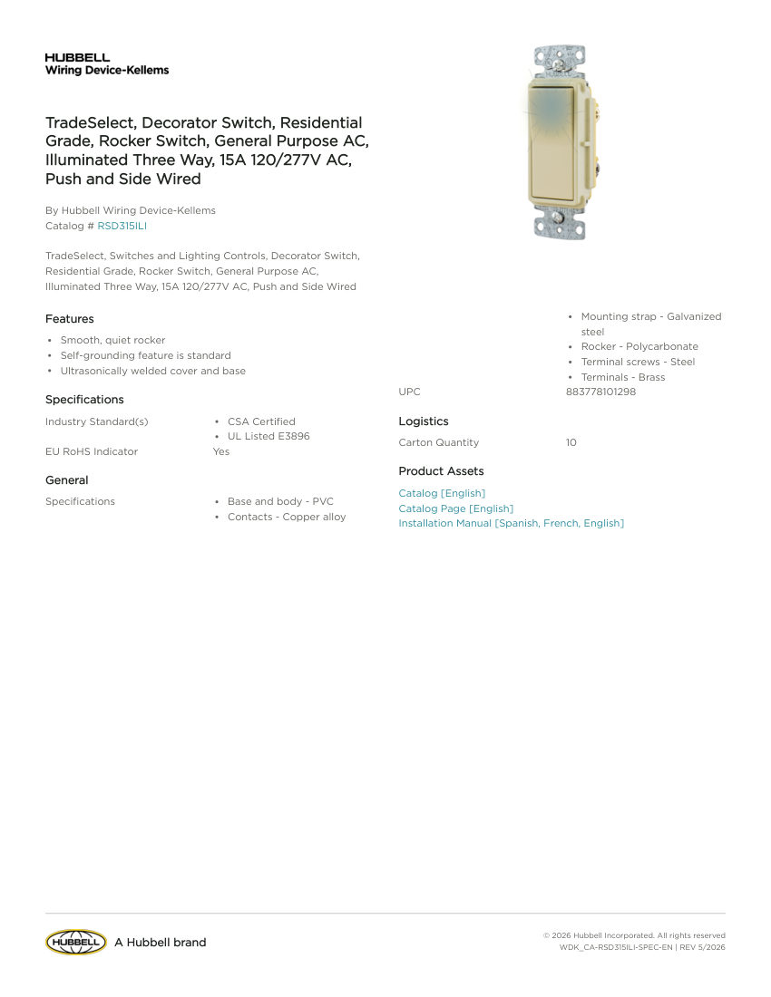 Hubbell Wiring Device-Kellems WDK_CA-RSD315ILI cut sheet — first page