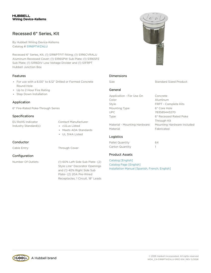 Hubbell Wiring Device-Kellems WDK_CA-S1R6PTWZALU cut sheet — first page