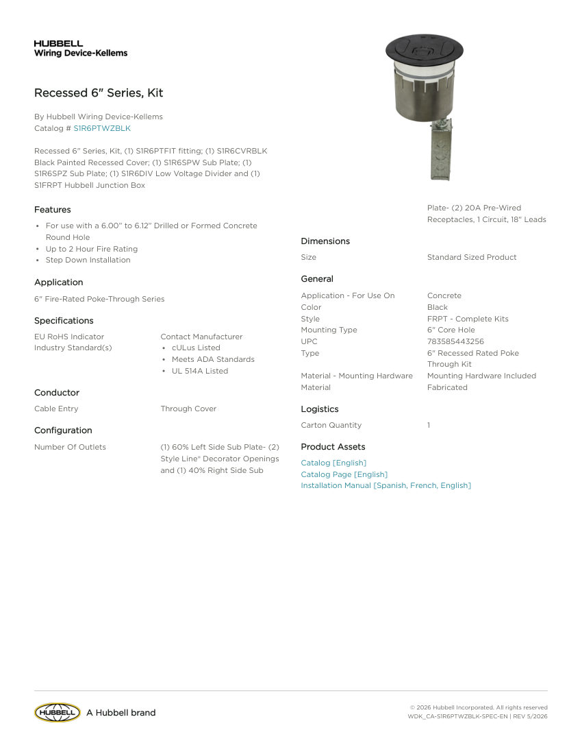 Hubbell Wiring Device-Kellems WDK_CA-S1R6PTWZBLK cut sheet — first page