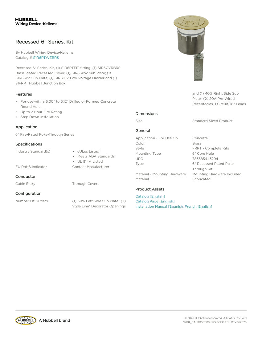 Hubbell Wiring Device-Kellems WDK_CA-S1R6PTWZBRS cut sheet — first page