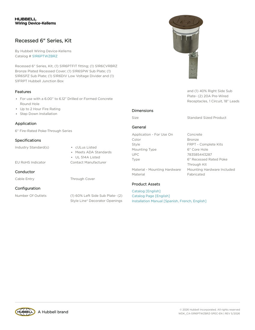 Hubbell Wiring Device-Kellems WDK_CA-S1R6PTWZBRZ cut sheet — first page