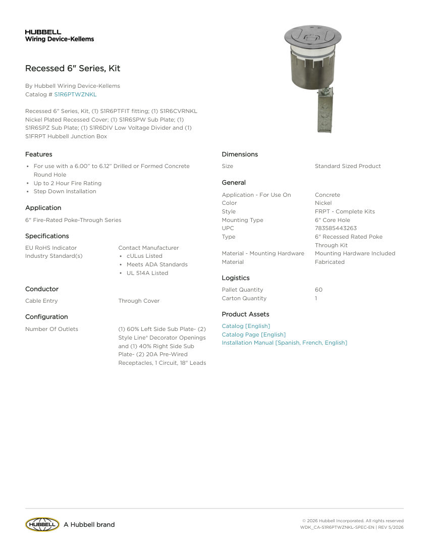 Hubbell Wiring Device-Kellems WDK_CA-S1R6PTWZNKL cut sheet — first page