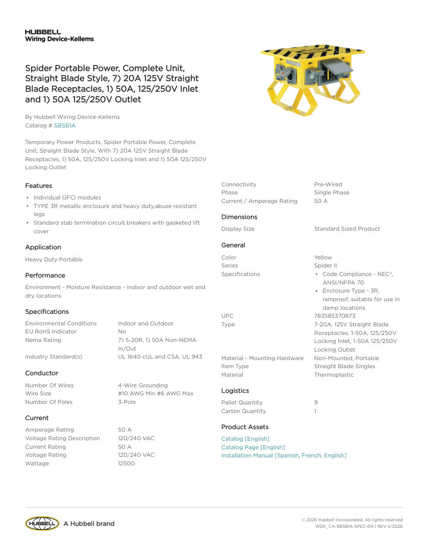 Hubbell Wiring Device-Kellems WDK_CA-SBSB1A cut sheet — first page