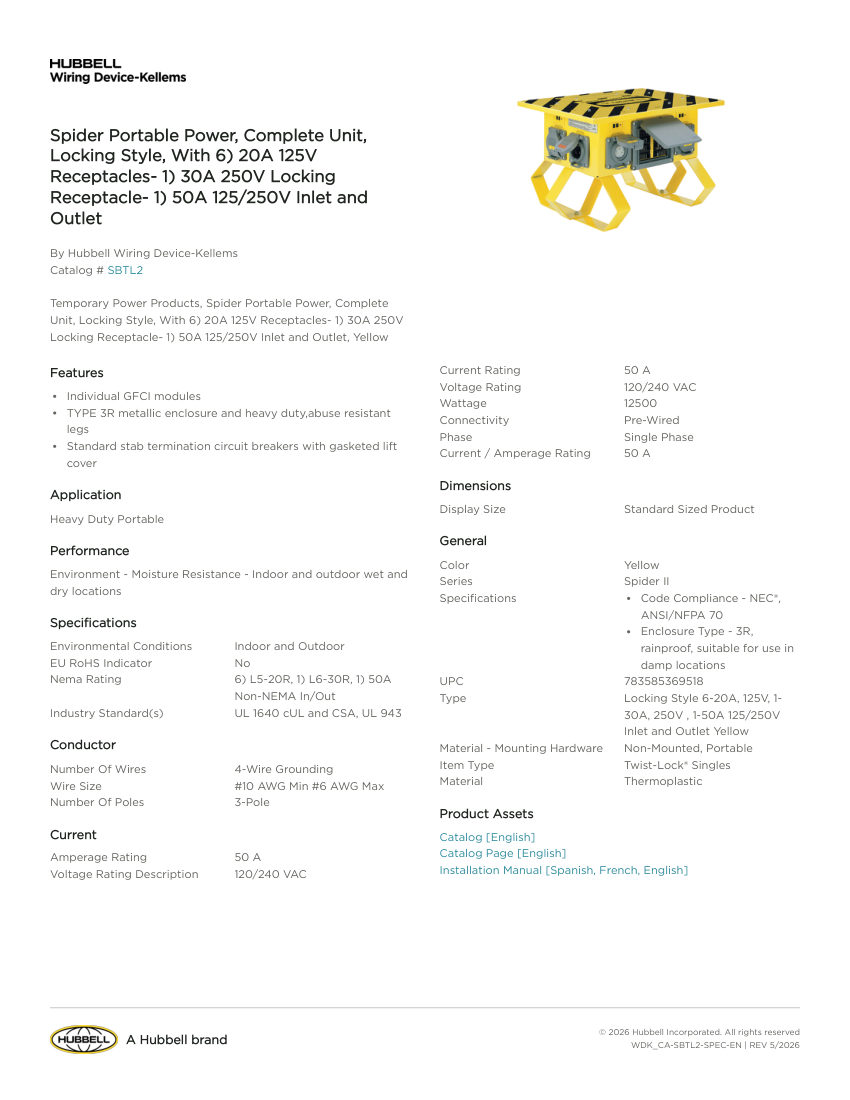 Hubbell Wiring Device-Kellems WDK_CA-SBTL2 cut sheet — first page