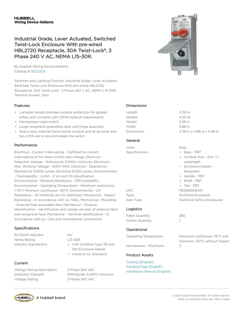 Hubbell Wiring Device-Kellems WDK_CA-SE2720A cut sheet — first page