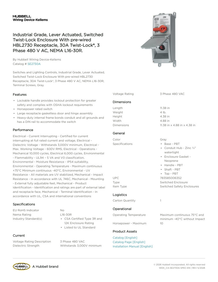 Hubbell Wiring Device-Kellems WDK_CA-SE2730A cut sheet — first page