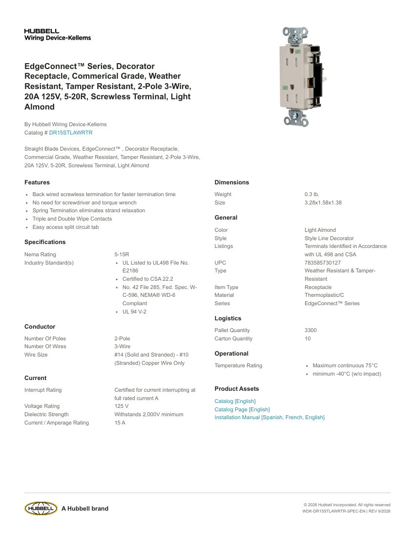 Hubbell Wiring Device-Kellems WDK-DR15STLAWRTR cut sheet — first page