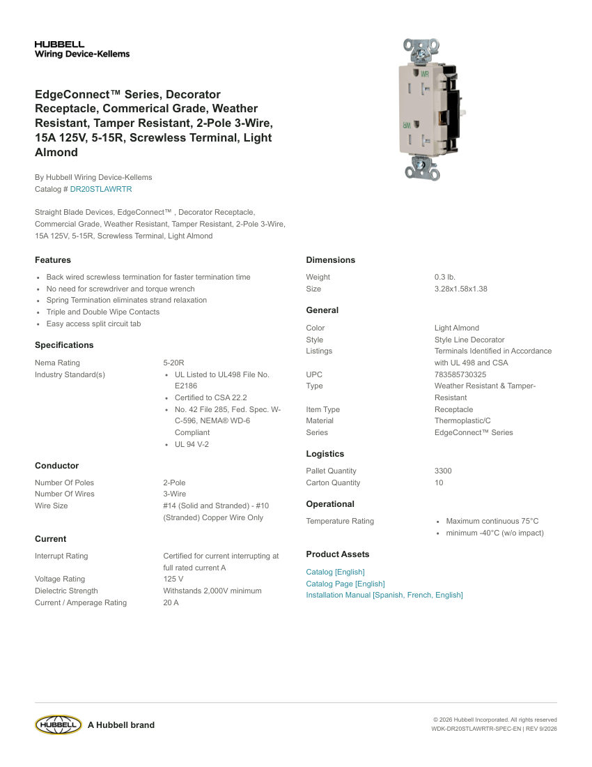 Hubbell Wiring Device-Kellems WDK-DR20STLAWRTR cut sheet — first page