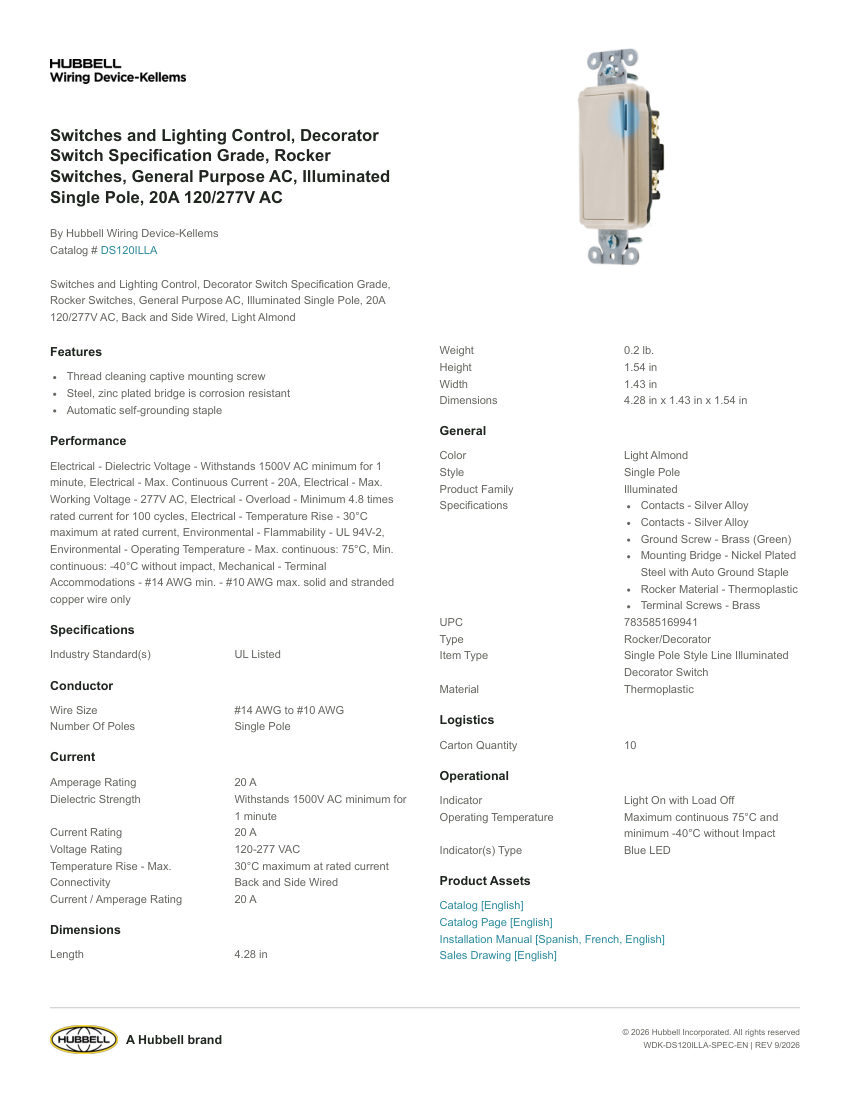 Hubbell Wiring Device-Kellems WDK-DS120ILLA cut sheet — first page