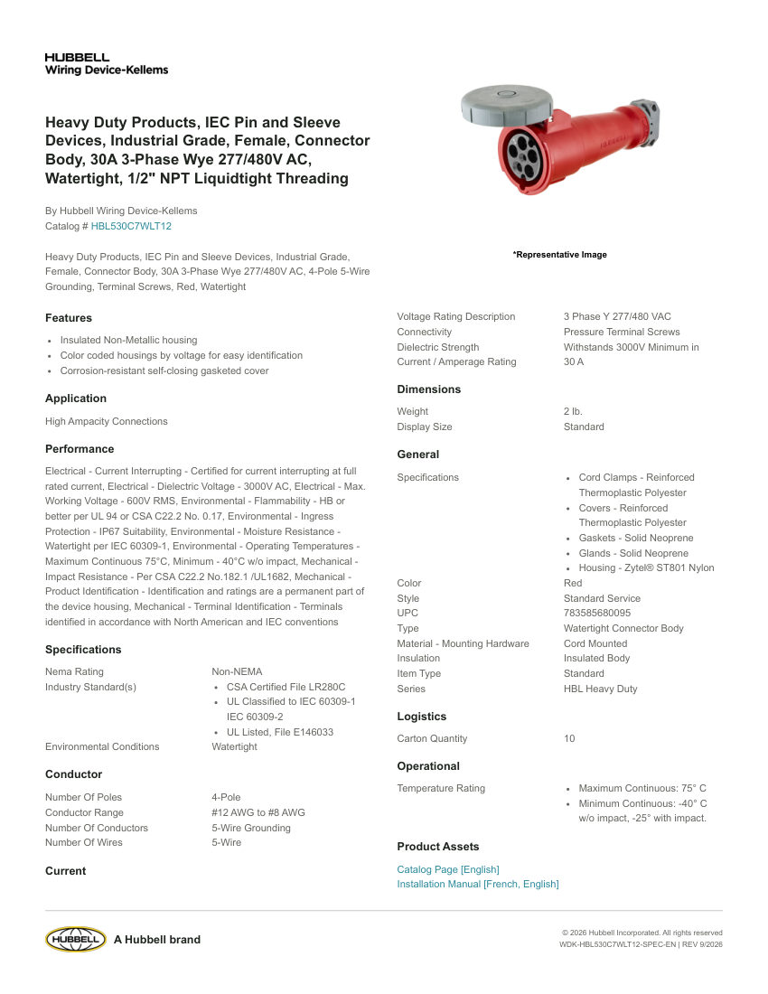 Hubbell Wiring Device-Kellems WDK-HBL530C7WLT12 cut sheet — first page