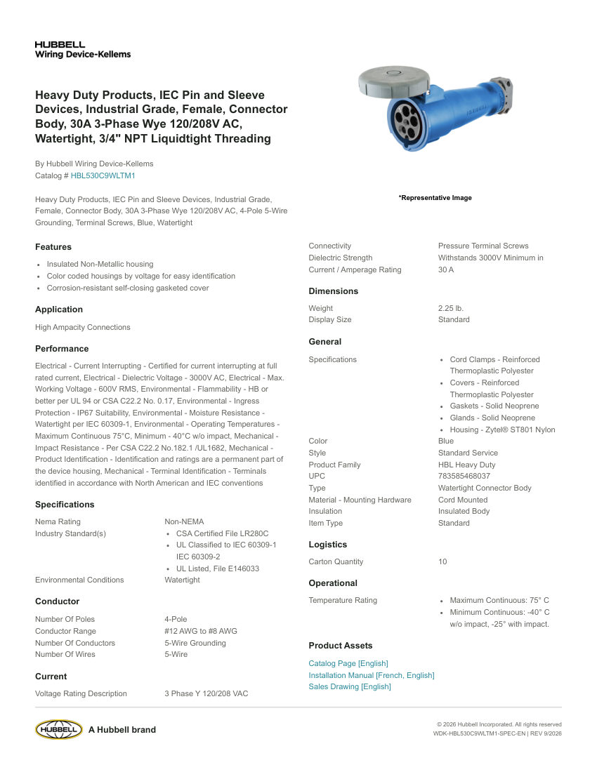 Hubbell Wiring Device-Kellems WDK-HBL530C9WLTM1 cut sheet — first page