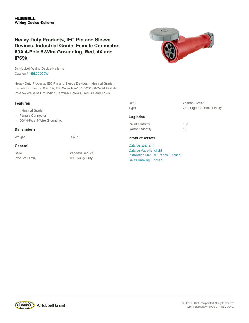 Hubbell Wiring Device-Kellems WDK-HBL560C6W cut sheet — first page