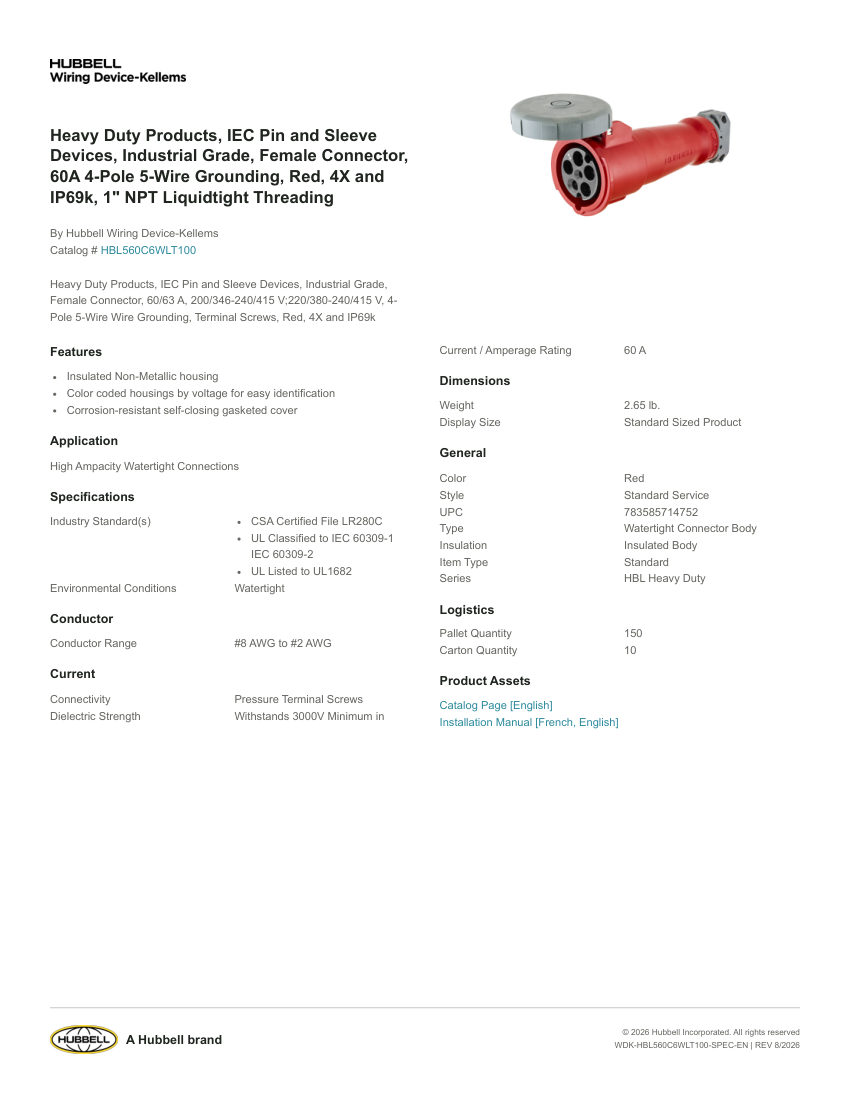 Hubbell Wiring Device-Kellems WDK-HBL560C6WLT100 cut sheet — first page