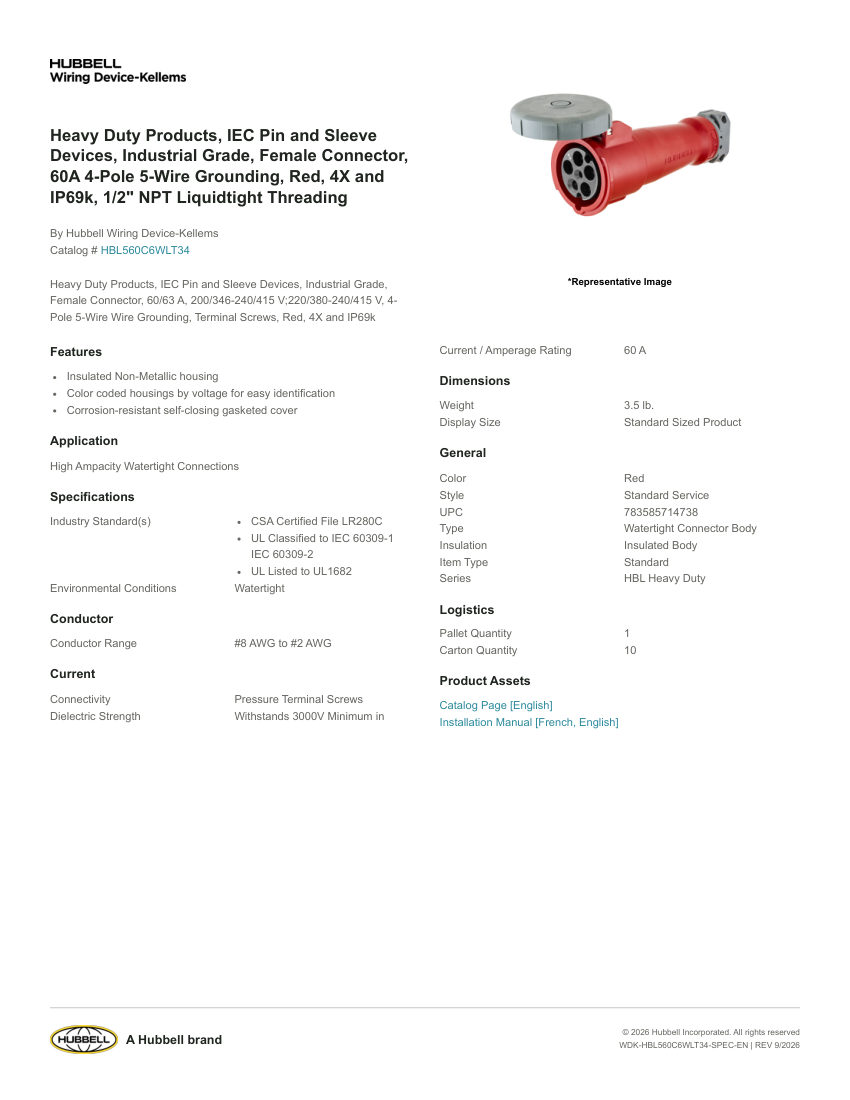 Hubbell Wiring Device-Kellems WDK-HBL560C6WLT34 cut sheet — first page