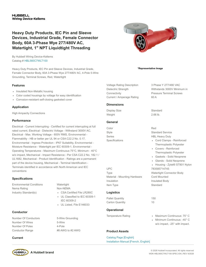Hubbell Wiring Device-Kellems WDK-HBL560C7WLT100 cut sheet — first page