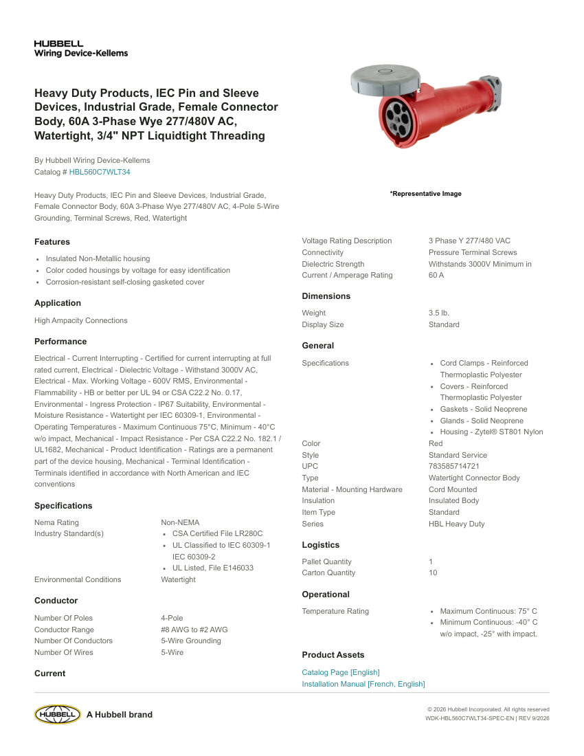 Hubbell Wiring Device-Kellems WDK-HBL560C7WLT34 cut sheet — first page
