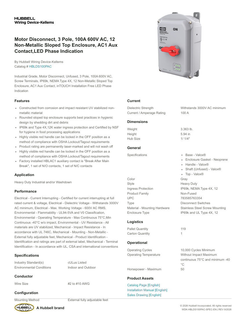 Hubbell Wiring Device-Kellems WDK-HBLDS100PAC cut sheet — first page