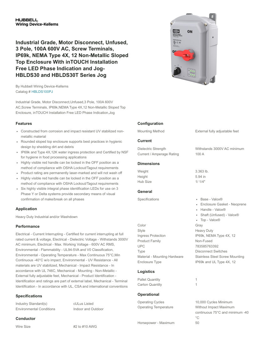 Hubbell Wiring Device-Kellems WDK-HBLDS100PJ cut sheet — first page