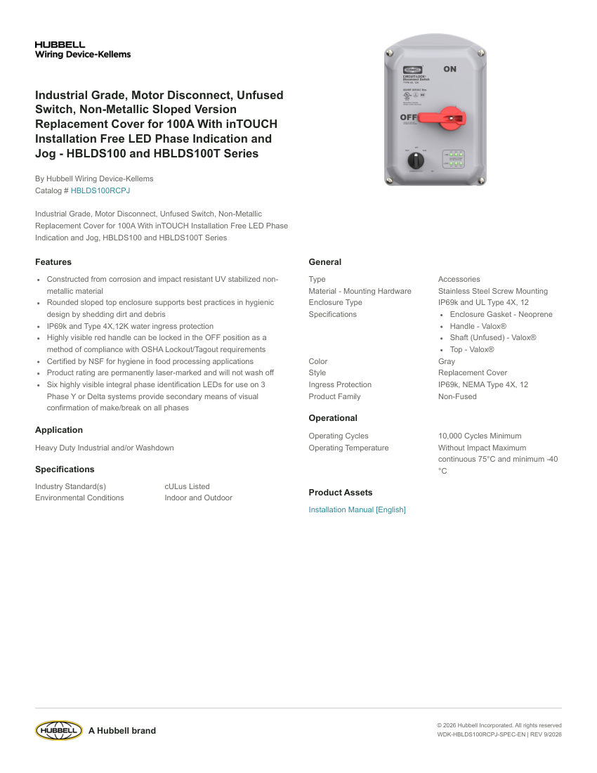 Hubbell Wiring Device-Kellems WDK-HBLDS100RCPJ cut sheet — first page
