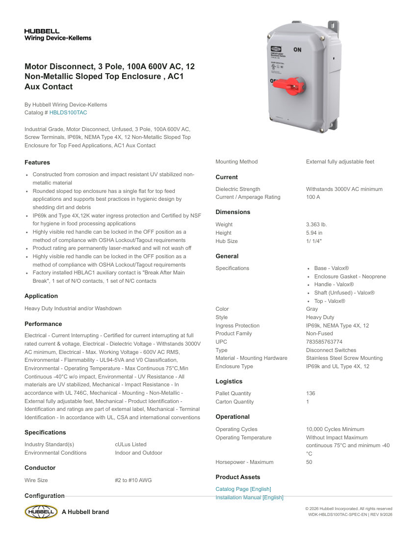 Hubbell Wiring Device-Kellems WDK-HBLDS100TAC cut sheet — first page