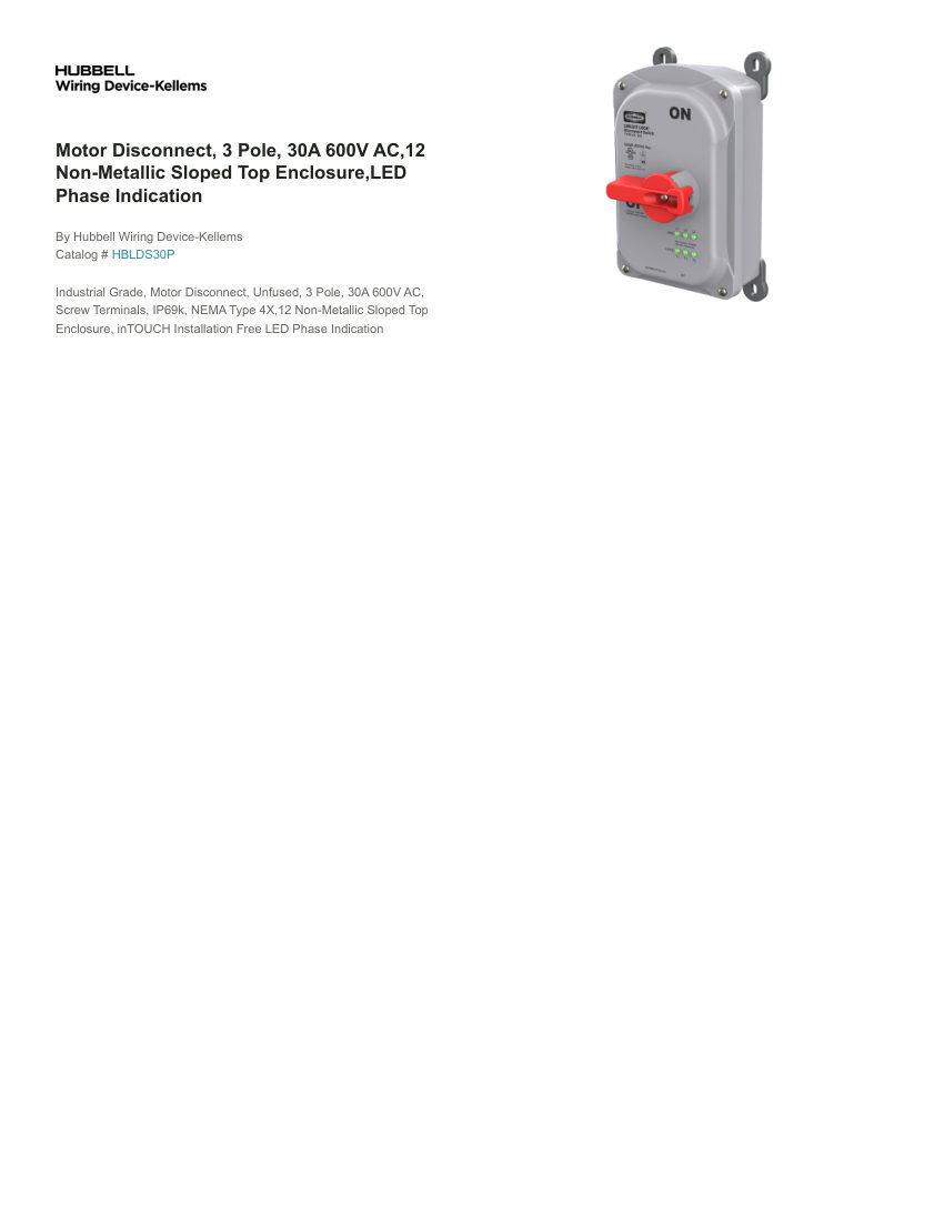 Hubbell Wiring Device-Kellems WDK-HBLDS30P cut sheet — first page
