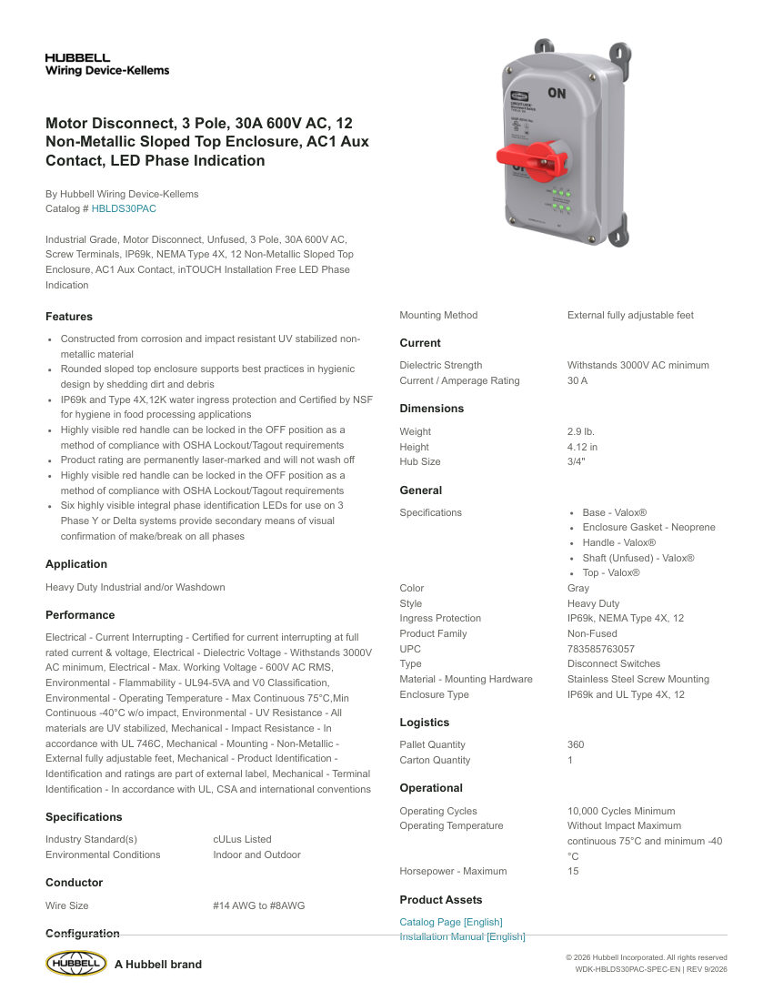 Hubbell Wiring Device-Kellems WDK-HBLDS30PAC cut sheet — first page