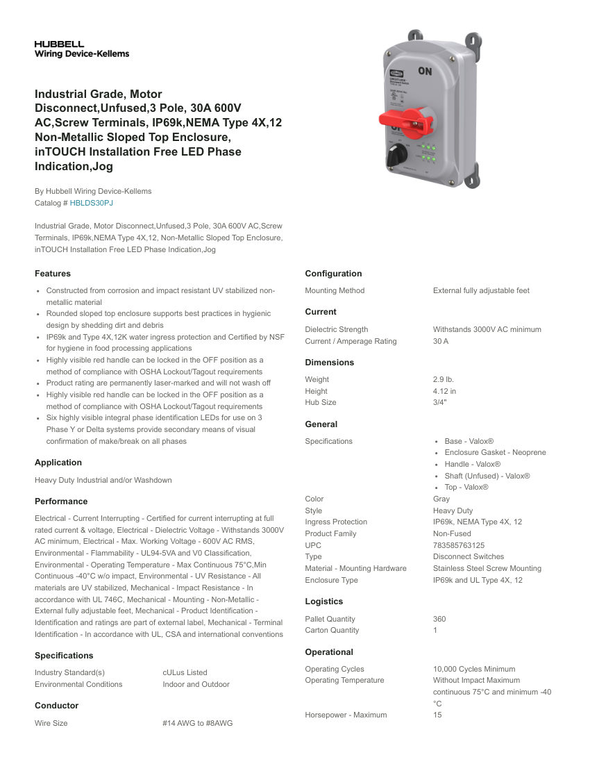 Hubbell Wiring Device-Kellems WDK-HBLDS30PJ cut sheet — first page