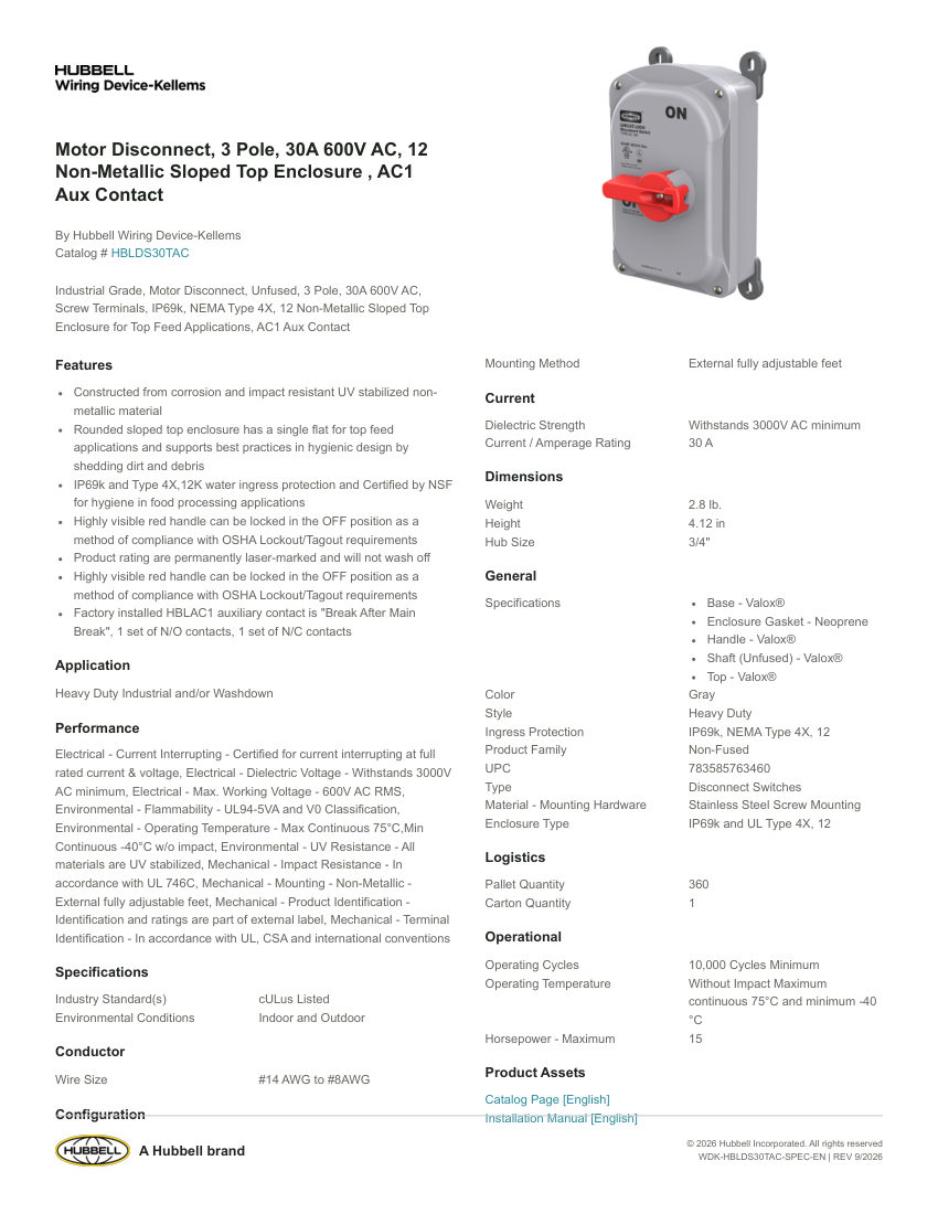 Hubbell Wiring Device-Kellems WDK-HBLDS30TAC cut sheet — first page