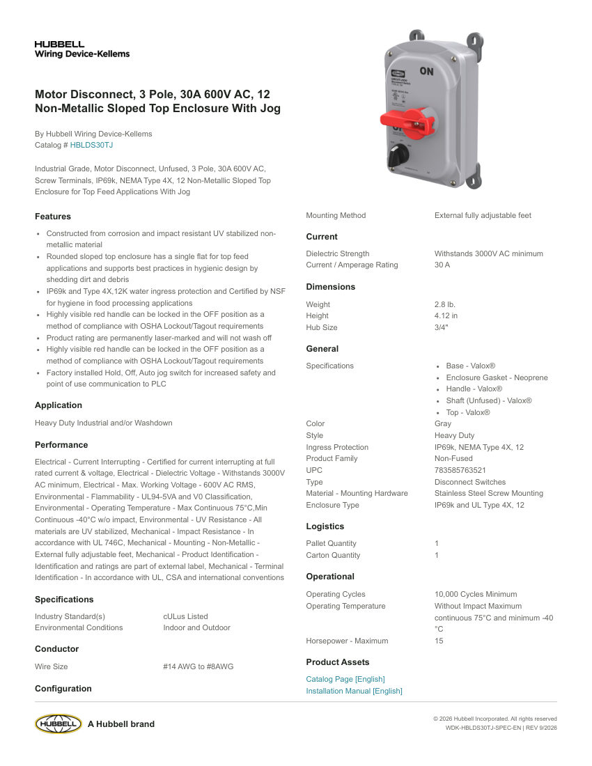 Hubbell Wiring Device-Kellems WDK-HBLDS30TJ cut sheet — first page
