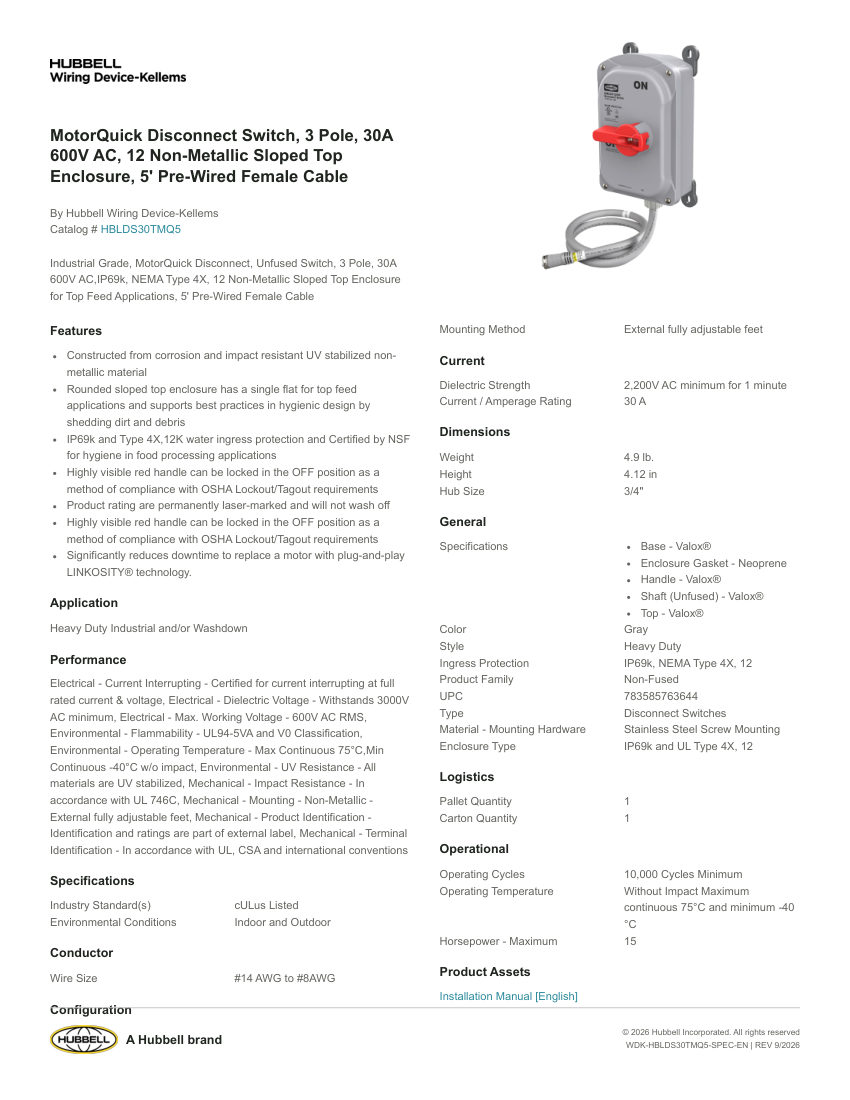 Hubbell Wiring Device-Kellems WDK-HBLDS30TMQ5 cut sheet — first page