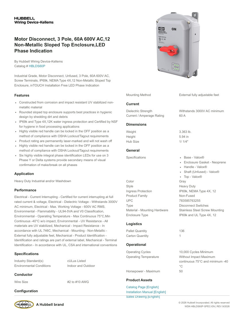 Hubbell Wiring Device-Kellems WDK-HBLDS60P cut sheet — first page