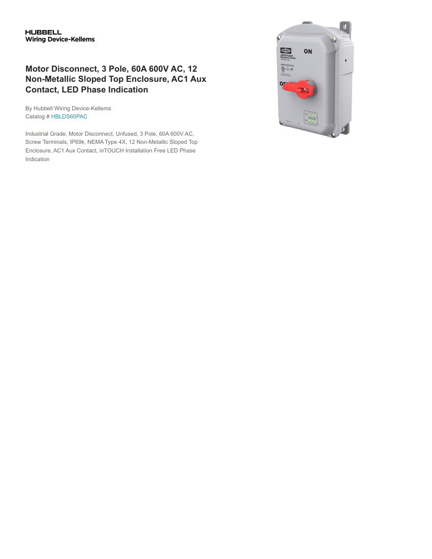 Hubbell Wiring Device-Kellems WDK-HBLDS60PAC cut sheet — first page