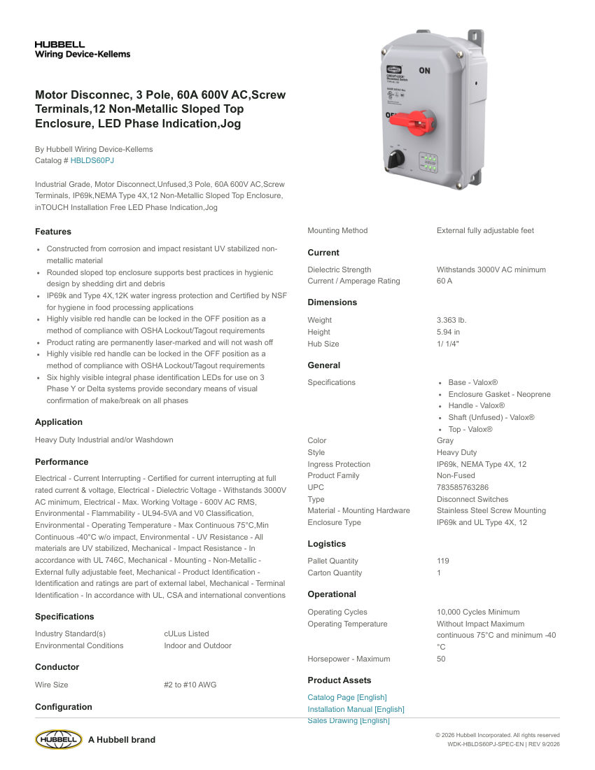 Hubbell Wiring Device-Kellems WDK-HBLDS60PJ cut sheet — first page