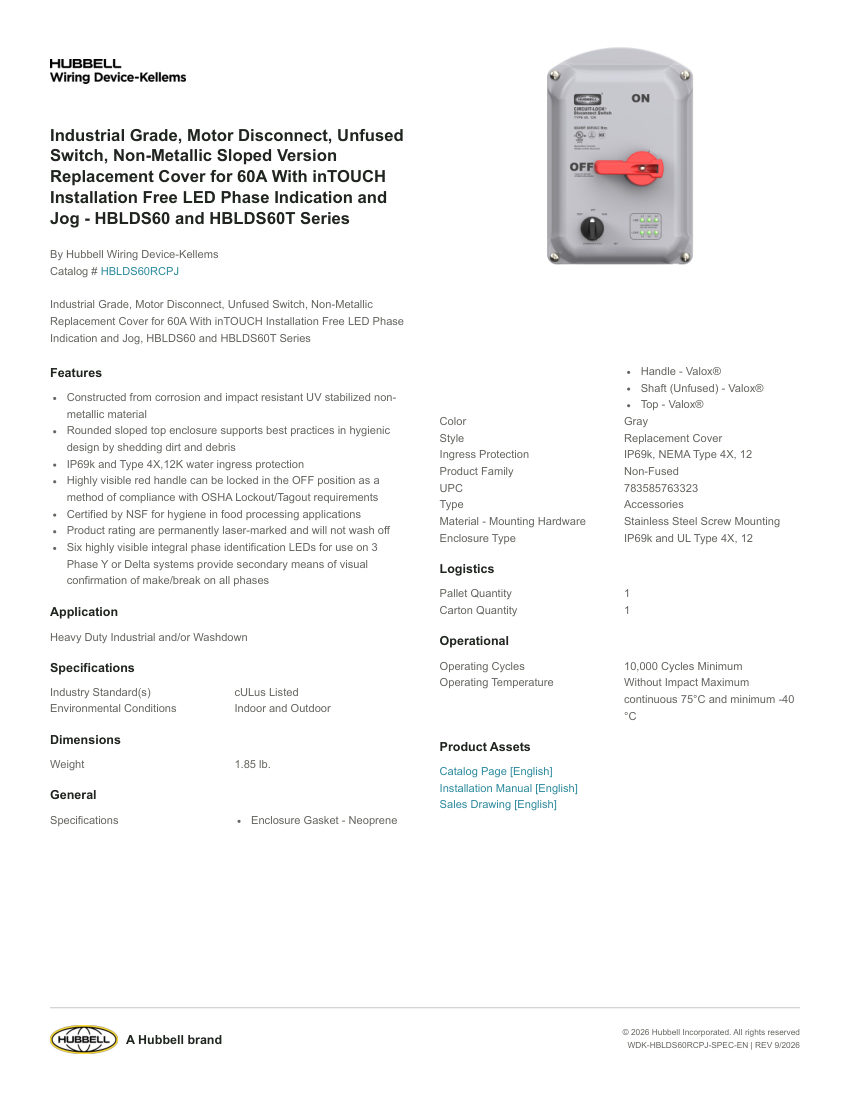 Hubbell Wiring Device-Kellems WDK-HBLDS60RCPJ cut sheet — first page