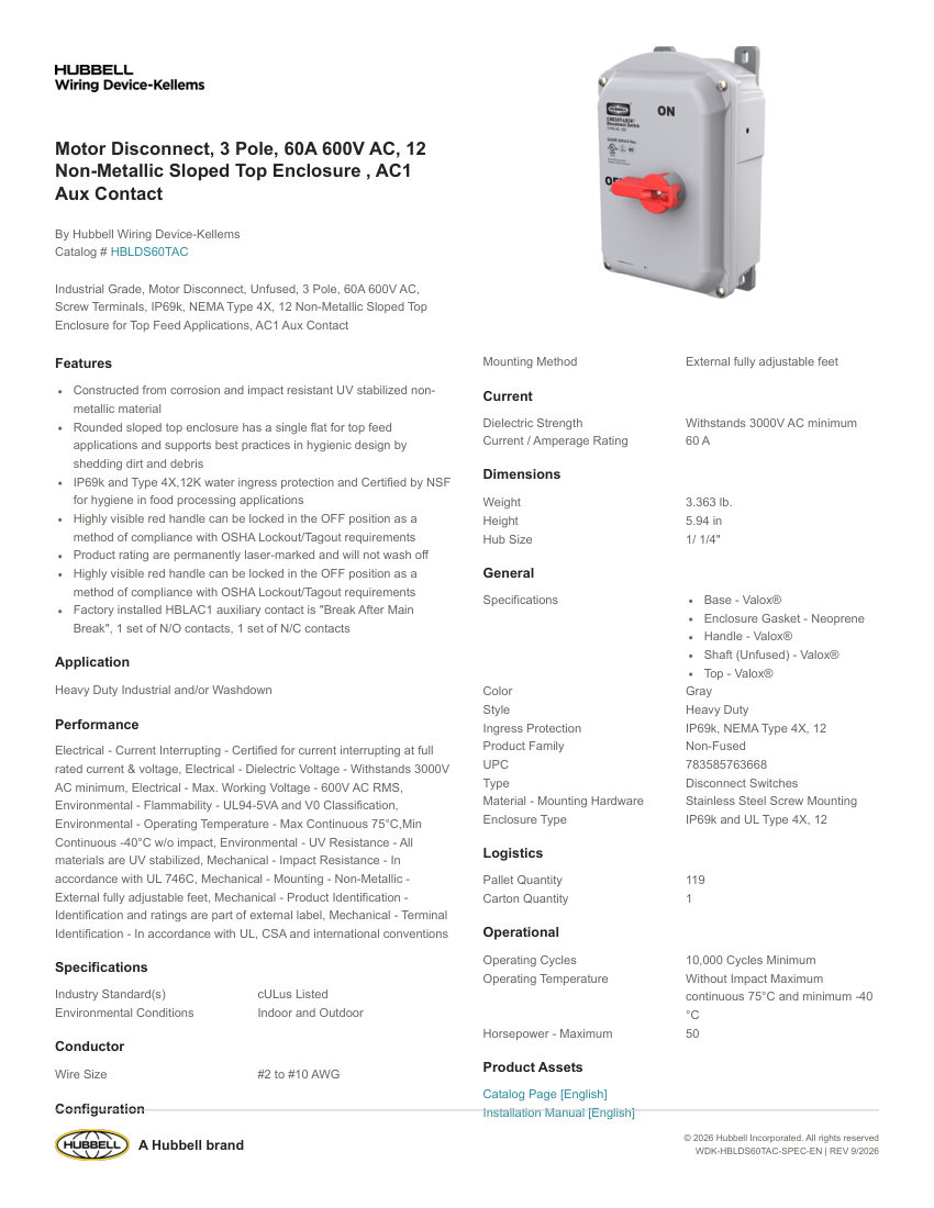 Hubbell Wiring Device-Kellems WDK-HBLDS60TAC cut sheet — first page