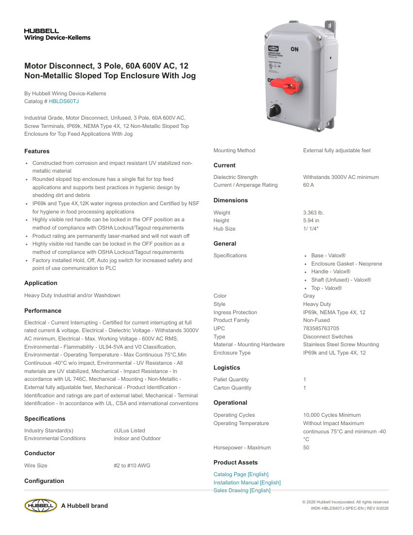 Hubbell Wiring Device-Kellems WDK-HBLDS60TJ cut sheet — first page