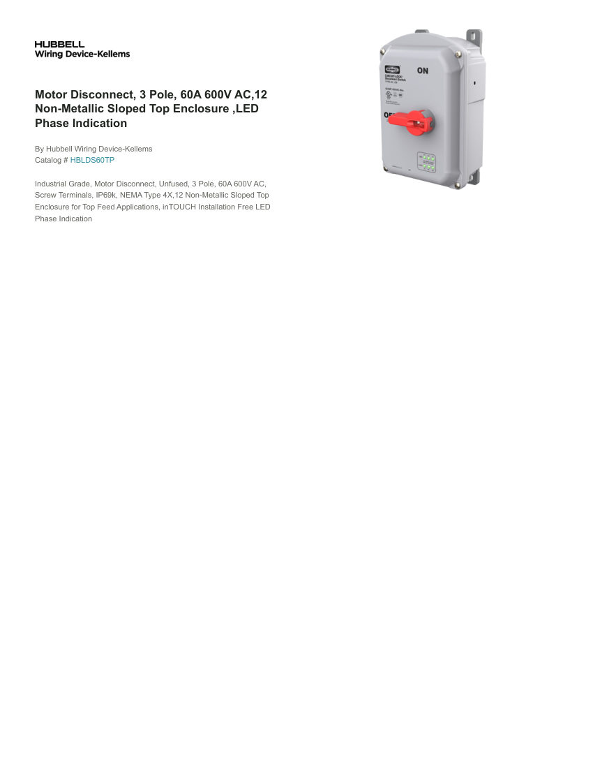 Hubbell Wiring Device-Kellems WDK-HBLDS60TP cut sheet — first page