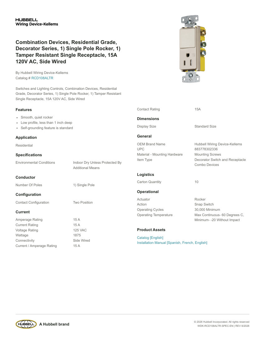 Hubbell Wiring Device-Kellems WDK-RCD108ALTR cut sheet — first page