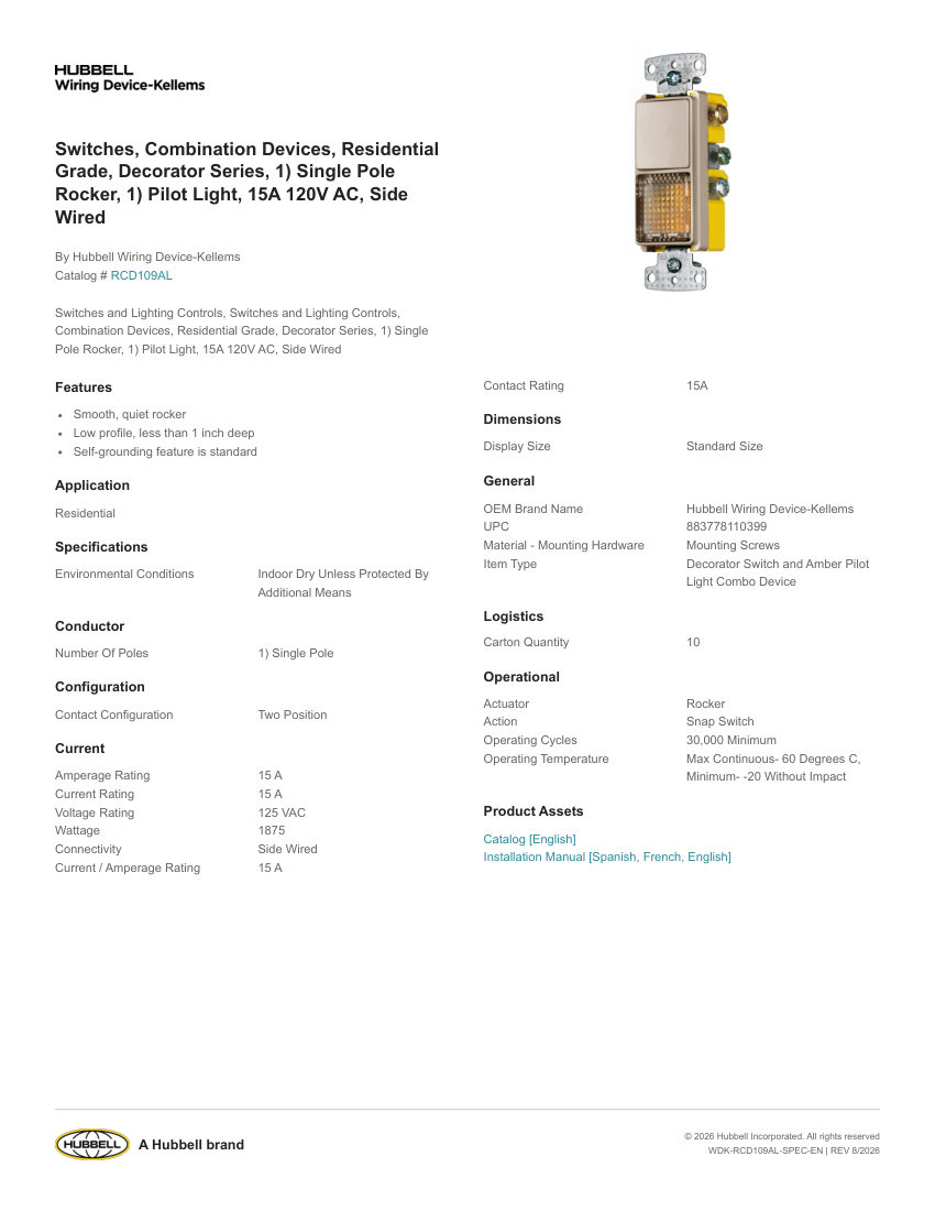 Hubbell Wiring Device-Kellems WDK-RCD109AL cut sheet — first page