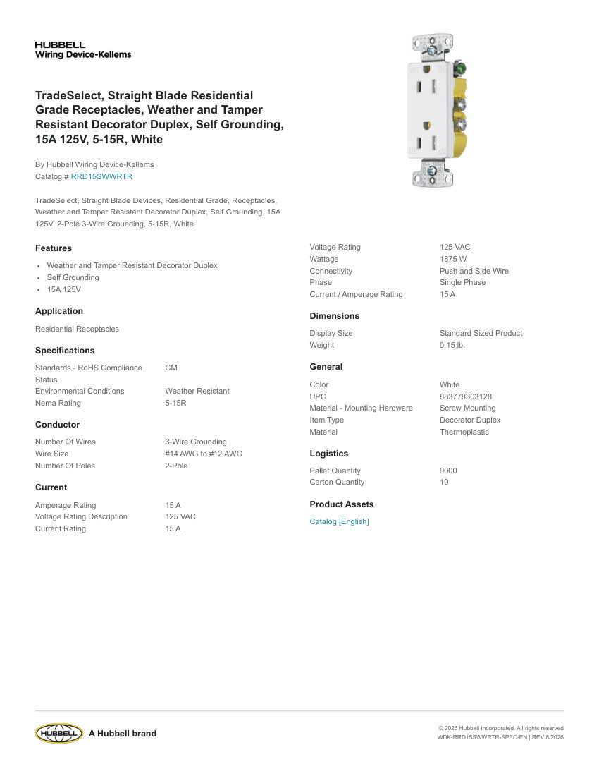 Hubbell Wiring Device-Kellems WDK-RRD15SWWRTR cut sheet — first page
