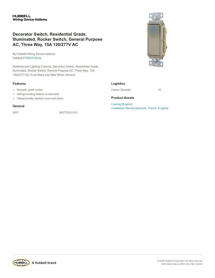 Hubbell Wiring Device-Kellems WDK-RSD315ILAL cut sheet — first page
