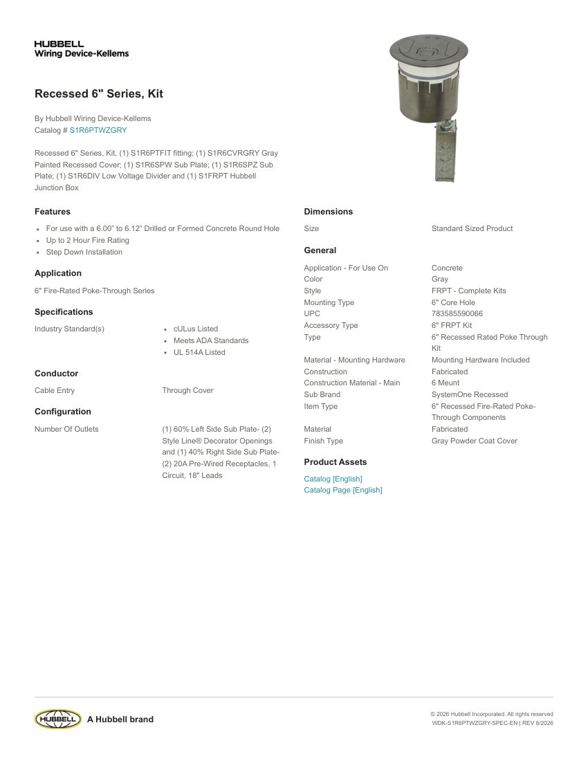 Hubbell Wiring Device-Kellems WDK-S1R6PTWZGRY cut sheet — first page