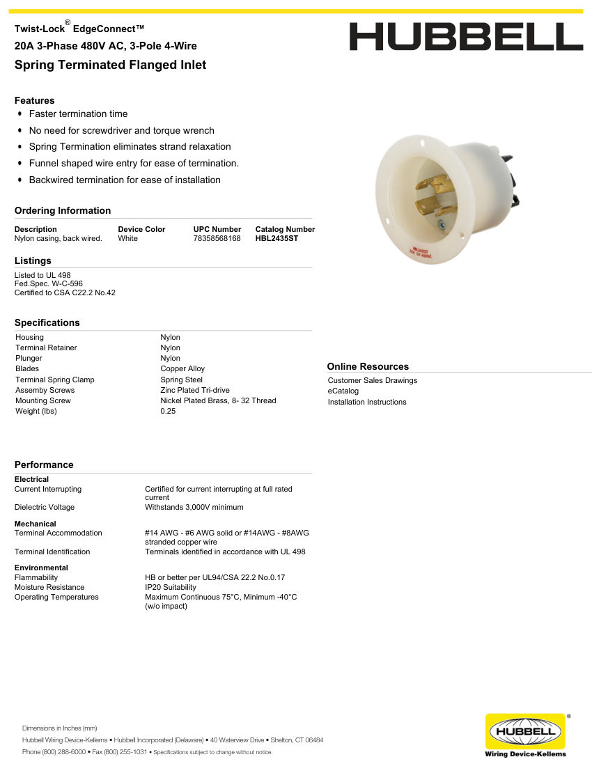 Hubbell Wiring Device-Kellems WIRING_HBL2435ST_spec cut sheet — first page